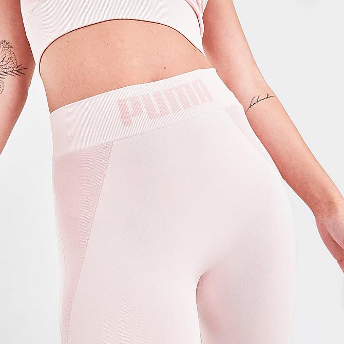 On Model 5 view of Women's Puma Evostripe Evoknit Crop Training Tights in Peony Click to zoom