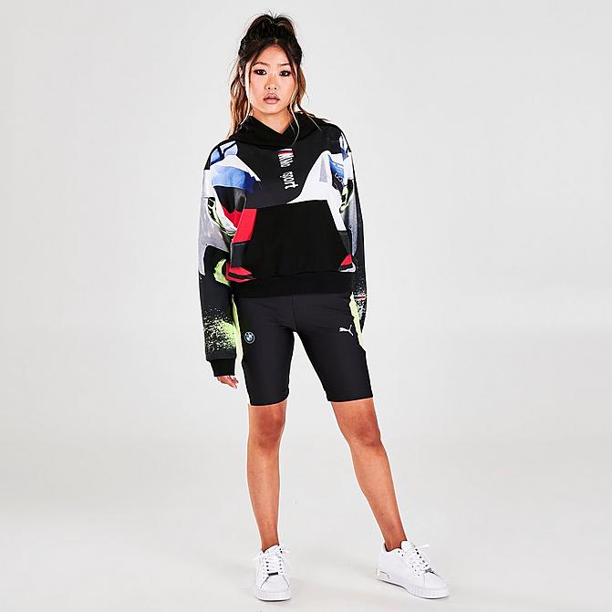Front view of Women's Puma x BMW M Motorsport Colorblock Bike Shorts in Black/Soft Fluorescent Yellow Click to zoom
