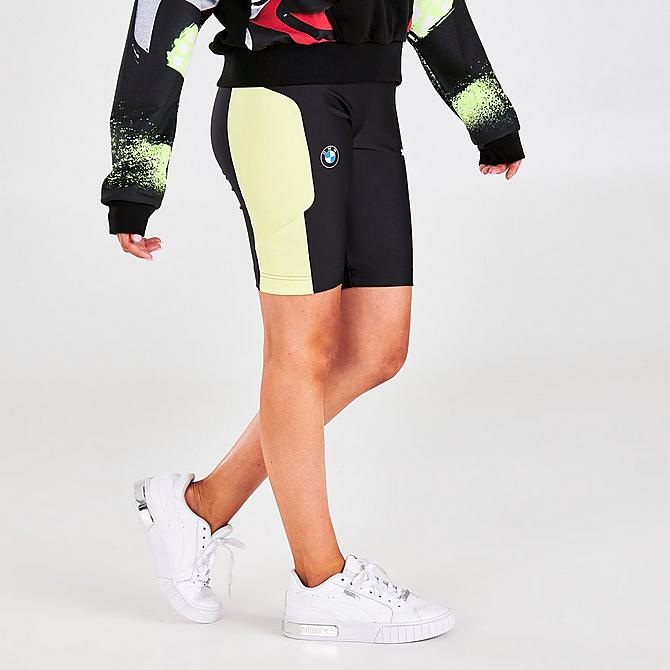 Front Three Quarter view of Women's Puma x BMW M Motorsport Colorblock Bike Shorts in Black/Soft Fluorescent Yellow Click to zoom