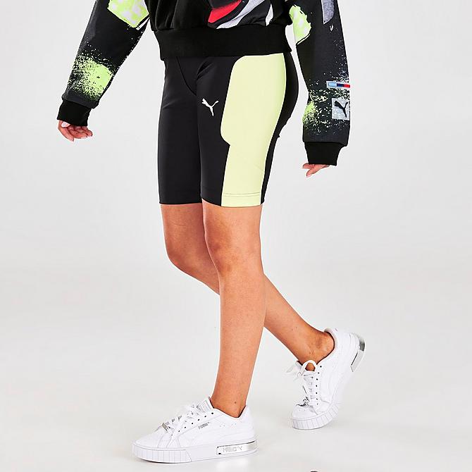 Back Left view of Women's Puma x BMW M Motorsport Colorblock Bike Shorts in Black/Soft Fluorescent Yellow Click to zoom
