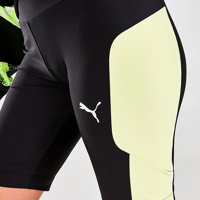 On Model 5 view of Women's Puma x BMW M Motorsport Colorblock Bike Shorts in Black/Soft Fluorescent Yellow Click to zoom