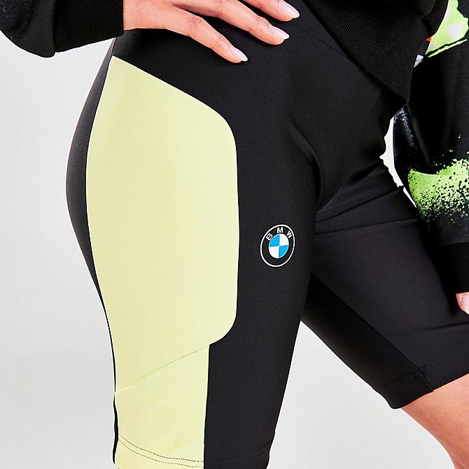 On Model 6 view of Women's Puma x BMW M Motorsport Colorblock Bike Shorts in Black/Soft Fluorescent Yellow Click to zoom