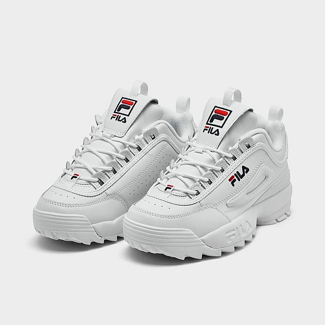 Three Quarter view of Women's Fila Disruptor 2 Premium Casual Shoes in White/Red/Navy Click to zoom