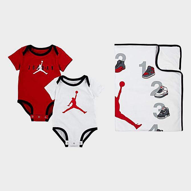 [angle] view of Infant Jordan First-Year Milestone Bodysuit and Blanket 3-Piece Set in White/Red/Black Click to zoom