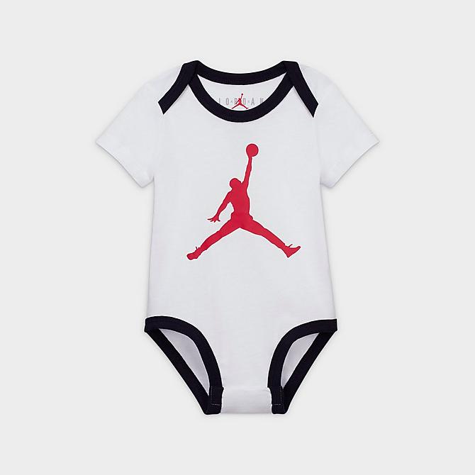 Front view of Infant Jordan First-Year Milestone Bodysuit and Blanket 3-Piece Set in White/Red/Black Click to zoom