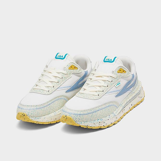 Three Quarter view of Women's Fila Renno Heritage Casual Shoes in Snow White/Whisper White/Blue Fog Click to zoom