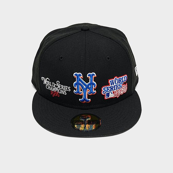 Three Quarter view of New Era New York Mets MLB World Champs 59Fifty Fitted Hat in Black/Team Click to zoom