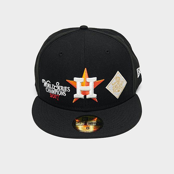 Three Quarter view of New Era Houston Astros MLB World Champs 59Fifty Fitted Hat in Black/Team Click to zoom