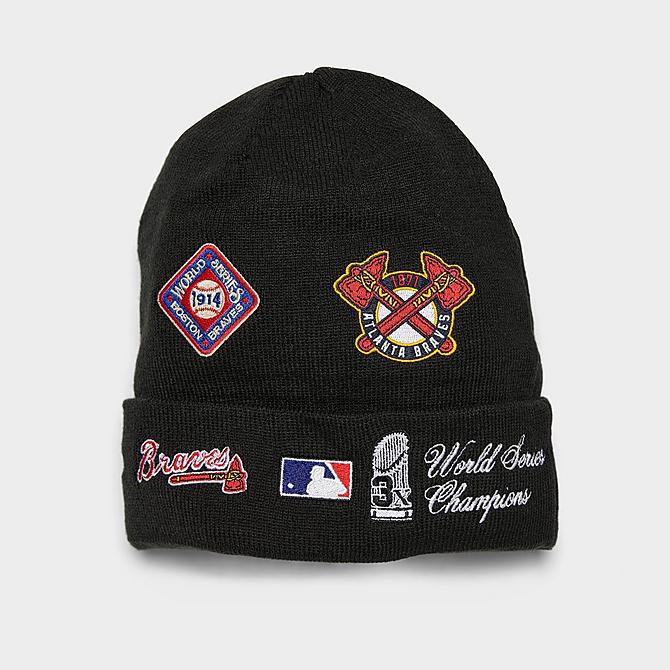 Three Quarter view of New Era Atlanta Braves MLB Champions Knit Beanie Hat in Black/Team Click to zoom
