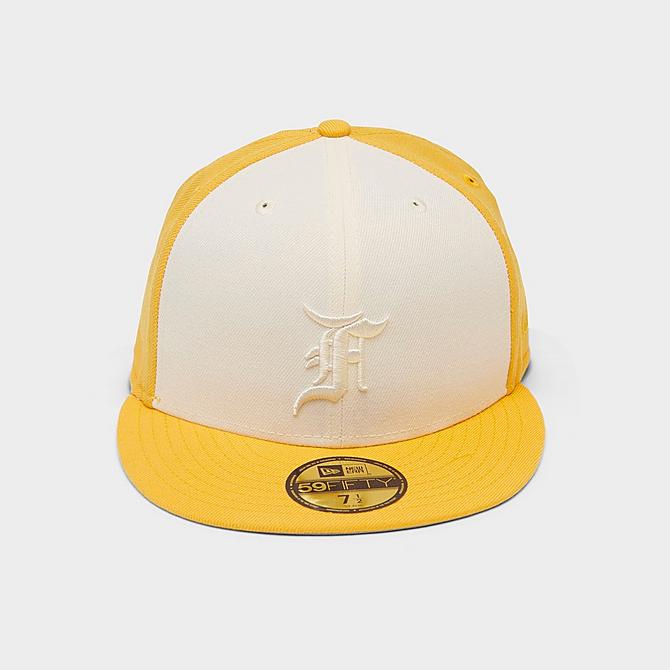 Three Quarter view of New Era Fear Of God Colorblock 59FIFTY Fitted Hat in Gold/White Click to zoom