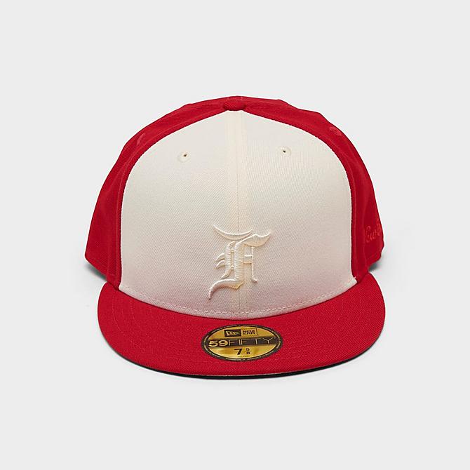 Three Quarter view of New Era Fear Of God Colorblock 59FIFTY Fitted Hat in Red/White Click to zoom