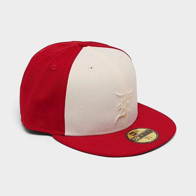 Front view of New Era Fear Of God Colorblock 59FIFTY Fitted Hat in Red/White Click to zoom