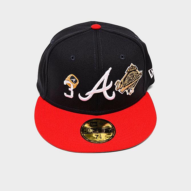Three Quarter view of New Era MLB Atlanta Braves Count The Rings 59FIFTY Fitted Hat in Black/Red Click to zoom