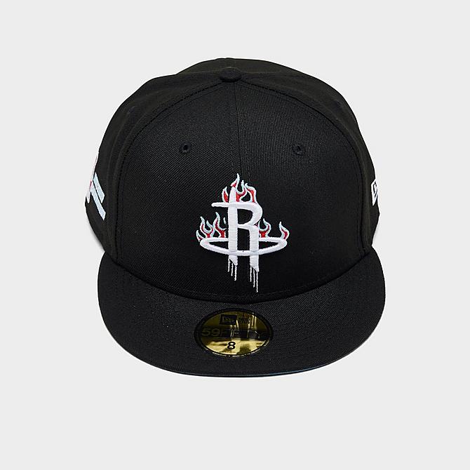 Three Quarter view of New Era NBA Houston Rockets Team Fire 59FIFTY Fitted Hat in Black Click to zoom