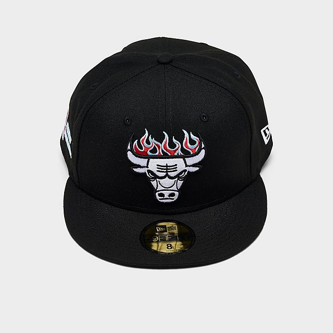 Three Quarter view of New Era NBA Chicago Bulls Team Fire 59FIFTY Fitted Hat in Black Click to zoom