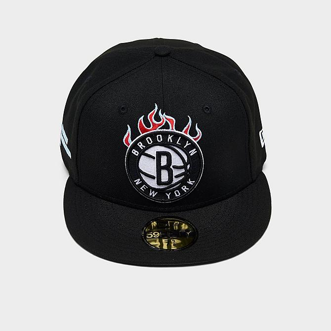 Three Quarter view of New Era NBA Brooklyn Nets Team Fire 59FIFTY Fitted Hat in Black Click to zoom