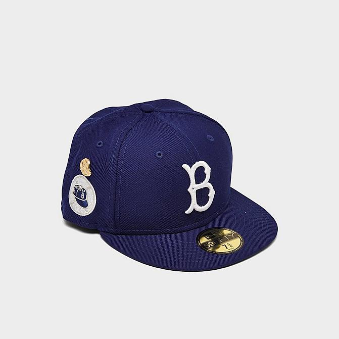 Right view of New Era Brooklyn Dodgers 1955 Logo History MLB 59FIFTY Fitted Hat in Blue Click to zoom