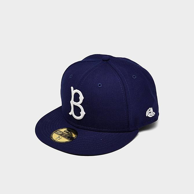 Three Quarter view of New Era Brooklyn Dodgers 1955 Logo History MLB 59FIFTY Fitted Hat in Blue Click to zoom