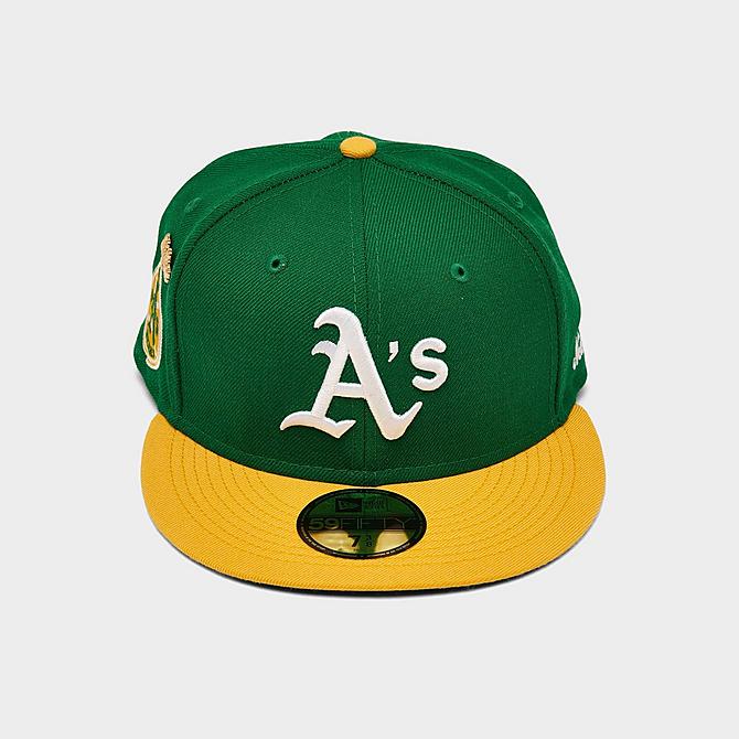 Three Quarter view of New Era Oakland Athletics 1973 Logo History MLB 59FIFTY Fitted Hat in Green/Yellow Click to zoom