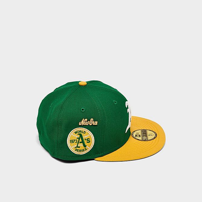 Left view of New Era Oakland Athletics 1973 Logo History MLB 59FIFTY Fitted Hat in Green/Yellow Click to zoom