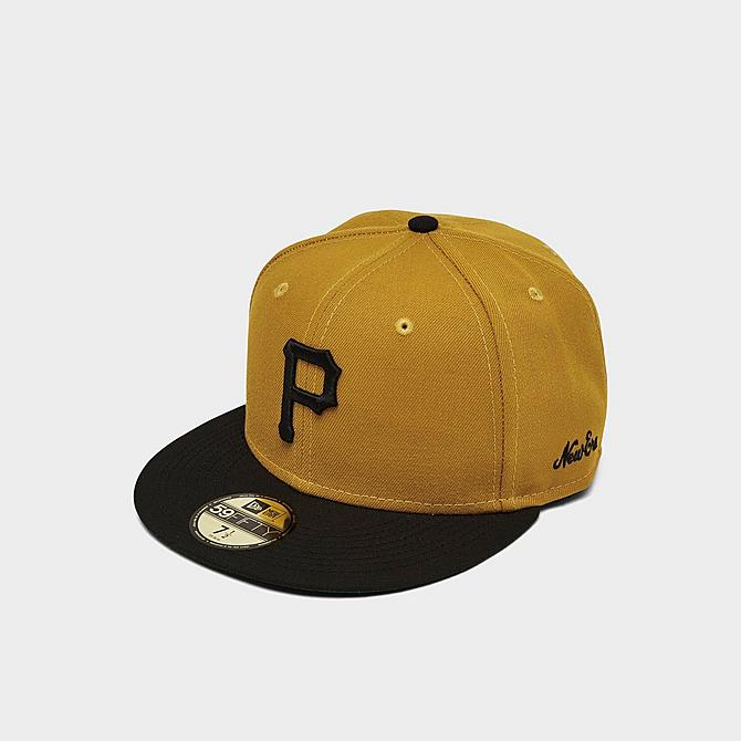 Three Quarter view of New Era Pittsburgh Pirates 1971 Logo History MLB 59FIFTY Fitted Hat in Gold/Black Click to zoom