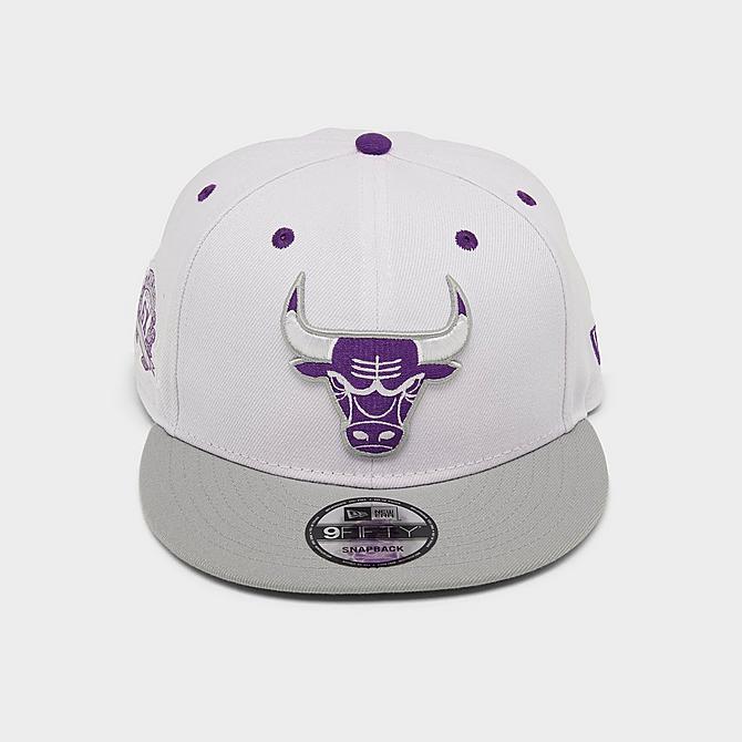 Three Quarter view of New Era Chicago Bulls NBA 9FIFTY Snapback Hat in White/Iris Purple Click to zoom