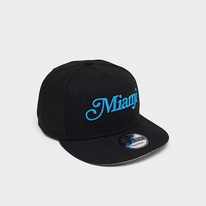 Front view of New Era Miami Script Icon 9FIFTY Snapback Hat in Black Click to zoom