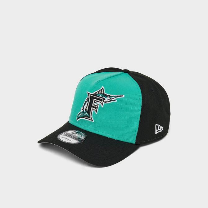 Front view of New Era Florida Marlins MLB 9FORTY A-Frame Snapback Hat in Teal/Black Click to zoom