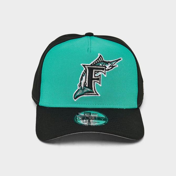 Left view of New Era Florida Marlins MLB 9FORTY A-Frame Snapback Hat in Teal/Black Click to zoom