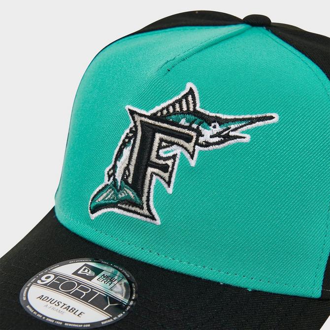Bottom view of New Era Florida Marlins MLB 9FORTY A-Frame Snapback Hat in Teal/Black Click to zoom