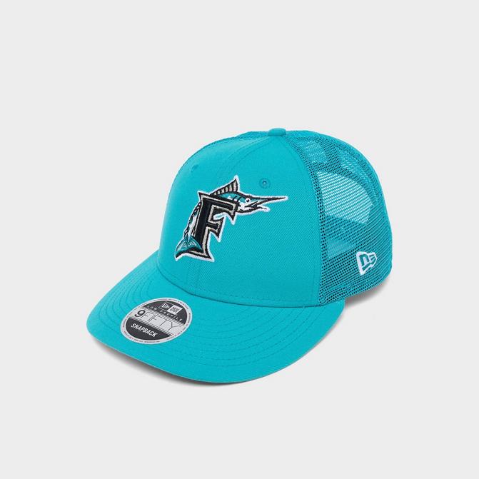 Front view of New Era Florida Marlins MLB Low Profile 9FIFTY Trucker Hat in Teal Click to zoom