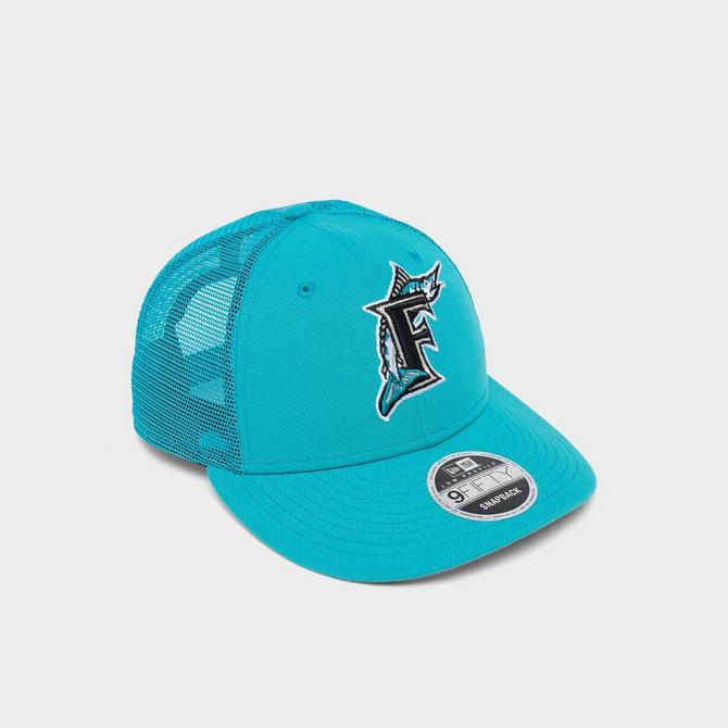 Left view of New Era Florida Marlins MLB Low Profile 9FIFTY Trucker Hat in Teal Click to zoom
