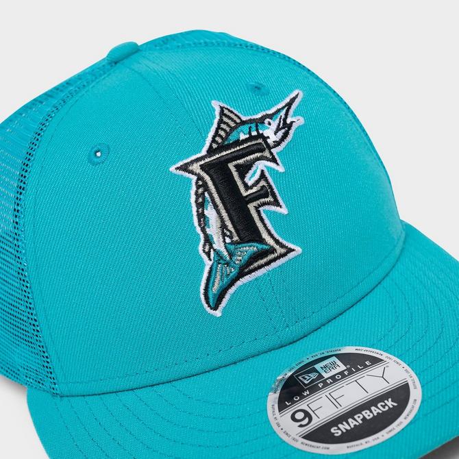 Bottom view of New Era Florida Marlins MLB Low Profile 9FIFTY Trucker Hat in Teal Click to zoom