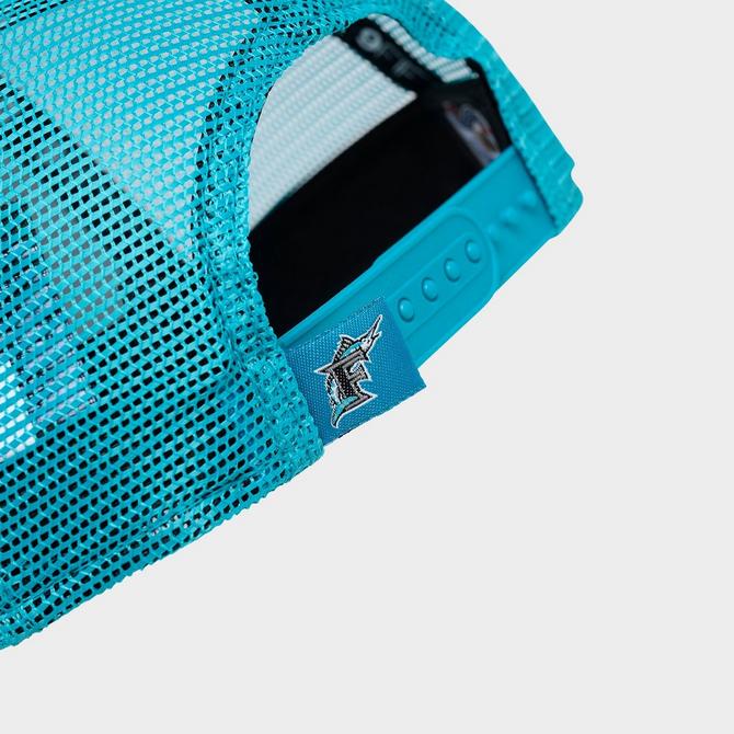Top view of New Era Florida Marlins MLB Low Profile 9FIFTY Trucker Hat in Teal Click to zoom