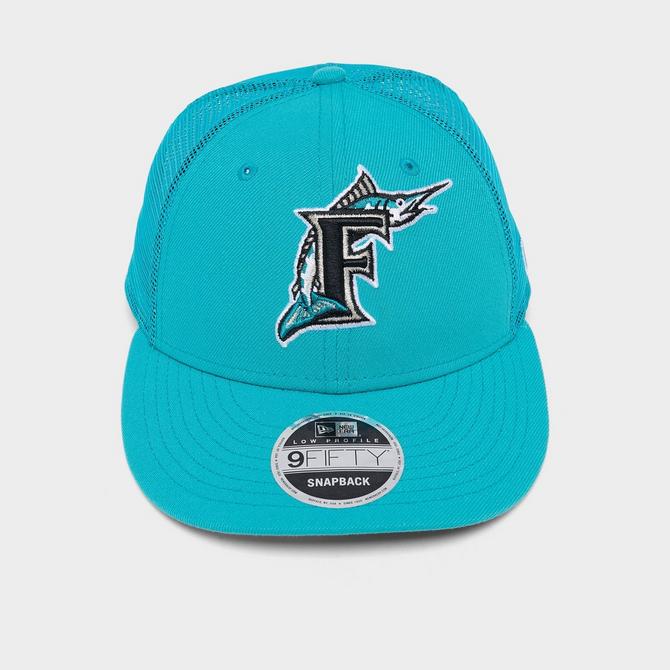 [angle] view of New Era Florida Marlins MLB Low Profile 9FIFTY Trucker Hat in Teal Click to zoom