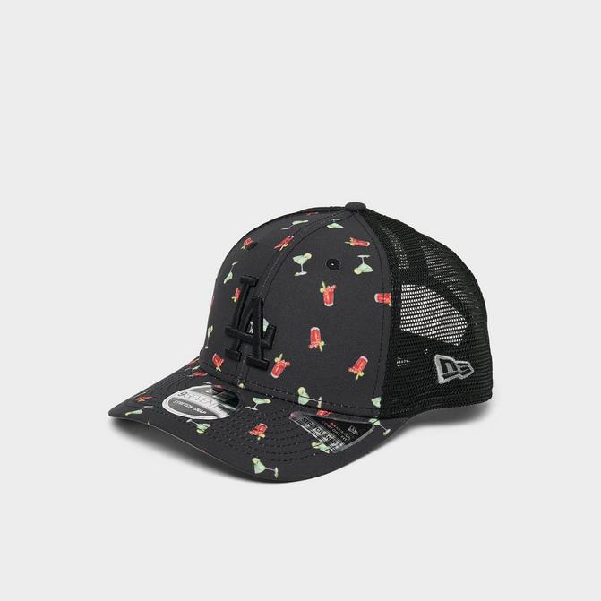 Front view of New Era Los Angeles Dodgers MLB 9SEVENTY Trucker Hat in Black/Multi Click to zoom
