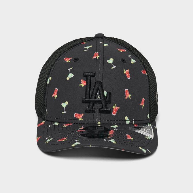 Left view of New Era Los Angeles Dodgers MLB 9SEVENTY Trucker Hat in Black/Multi Click to zoom