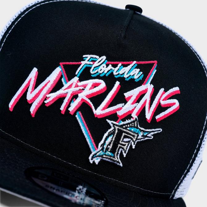 Bottom view of New Era Florida Marlins MLB 9FIFTY A-Frame Trucker Hat in Black/White Click to zoom