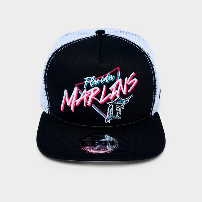 [angle] view of New Era Florida Marlins MLB 9FIFTY A-Frame Trucker Hat in Black/White Click to zoom