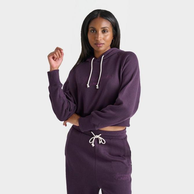 [angle] view of Women's Puma Relaxed Knit Cropped Hoodie in Midnight Plum Click to zoom