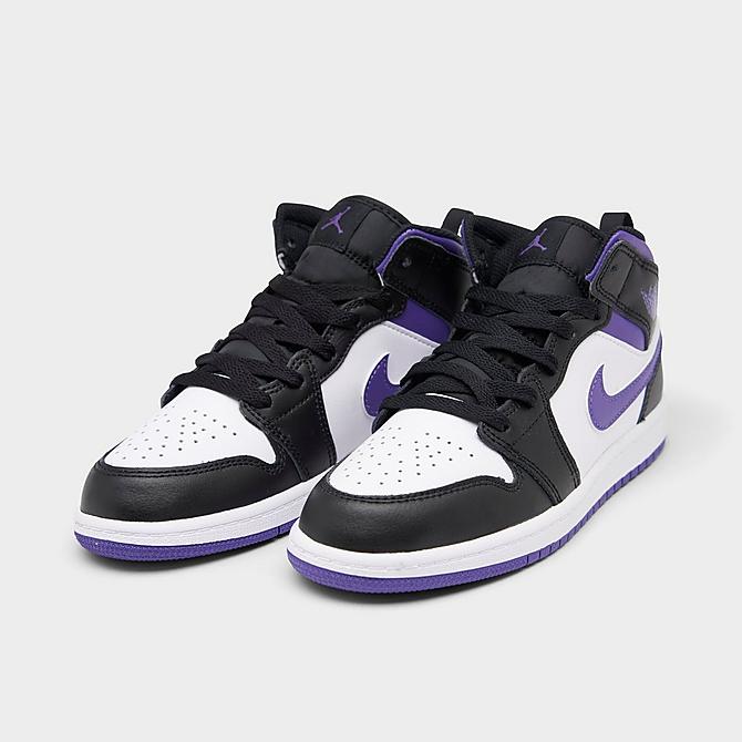 Three Quarter view of Little Kids' Jordan 1 Mid Casual Shoes in Black/Dark Iris/White Click to zoom