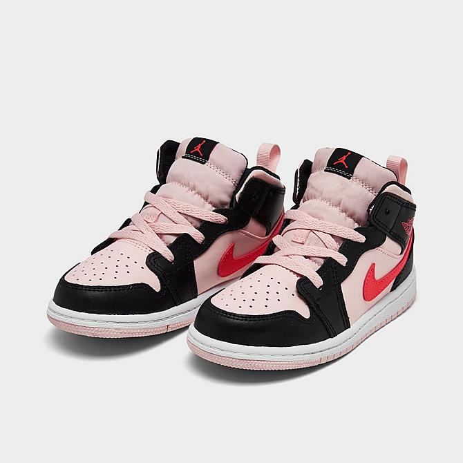 Three Quarter view of Girls' Toddler Air Jordan Retro 1 Mid Casual Shoes in Atmosphere/Infrared 23/Black Click to zoom