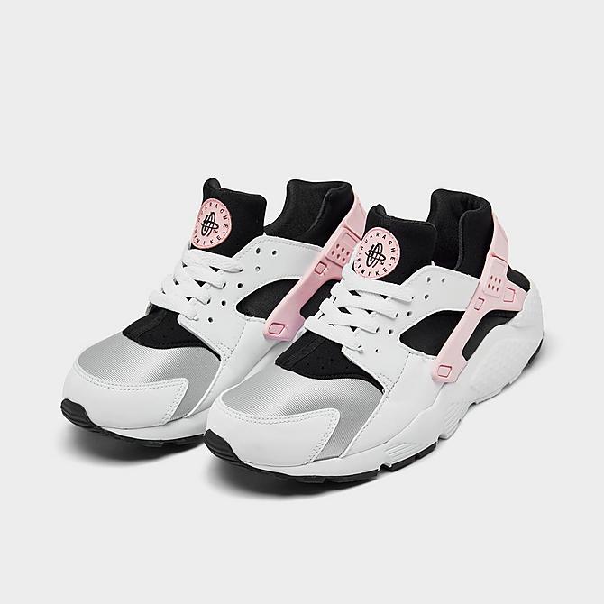 Three Quarter view of Girls' Big Kids' Nike Huarache Run Casual Shoes in White/Pink Foam/Grey Fog Click to zoom
