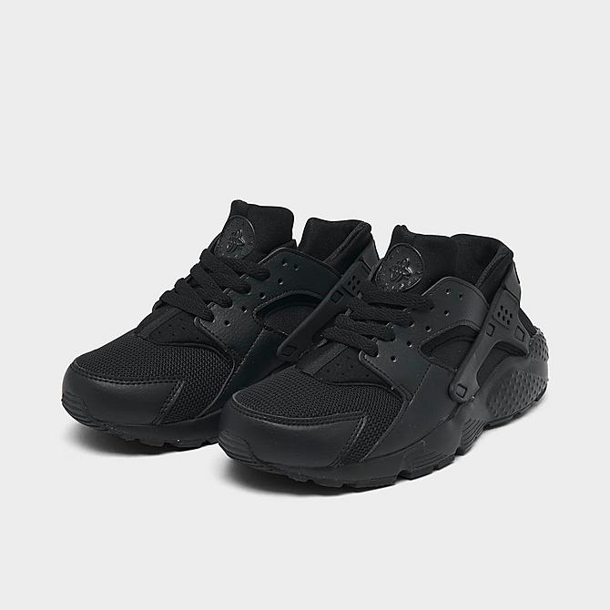 Three Quarter view of Big Kids' Nike Huarache Run Casual Shoes in Black/Black/Black Click to zoom