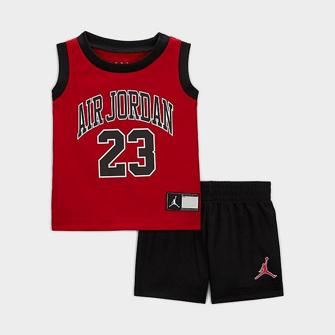 Front view of Boys' Infant Jordan HBR Muscle Tank and Shorts Set in Black/Red Click to zoom