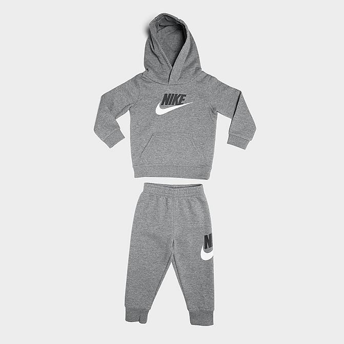 Front view of Girls' Infant Nike Futura Logo Pullover Hoodie and Jogger Pants Set in Carbon Heather Click to zoom