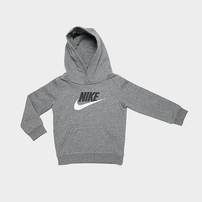 Front Three Quarter view of Girls' Infant Nike Futura Logo Pullover Hoodie and Jogger Pants Set in Carbon Heather Click to zoom