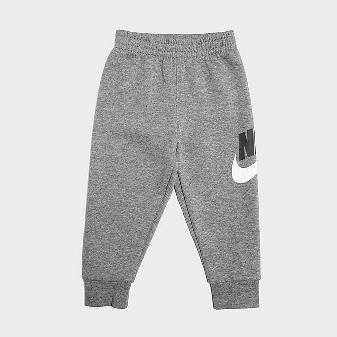 Back Left view of Girls' Infant Nike Futura Logo Pullover Hoodie and Jogger Pants Set in Carbon Heather Click to zoom