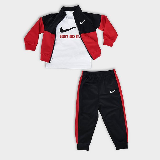 Front view of Boys' Infant Nike Tricot 3-Piece Track Set and T-Shirt in Black/University Red Click to zoom