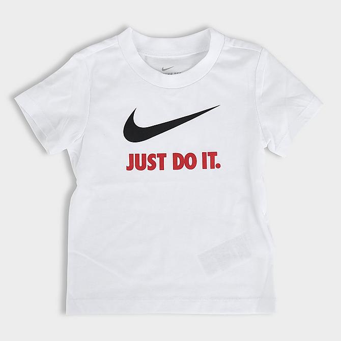 Back Left view of Boys' Infant Nike Tricot 3-Piece Track Set and T-Shirt in Black/University Red Click to zoom